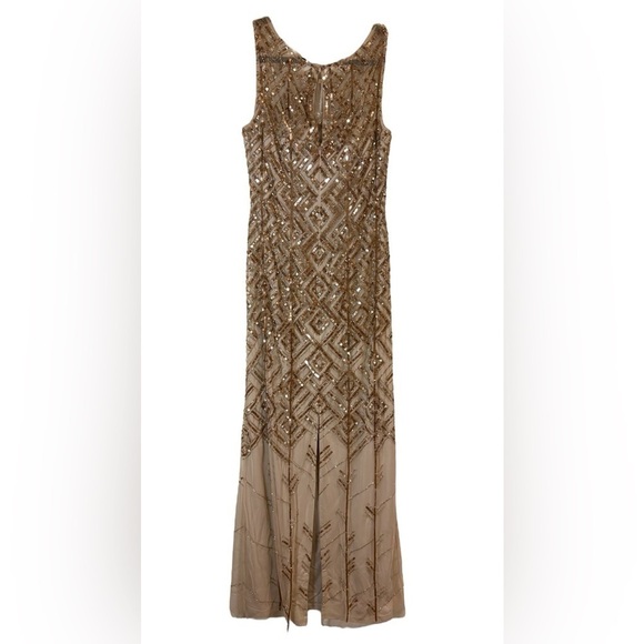 Adrianna Papell Nude & Gold Sequin Beaded Column Dress Gown Sz 10 - Picture 5 of 13